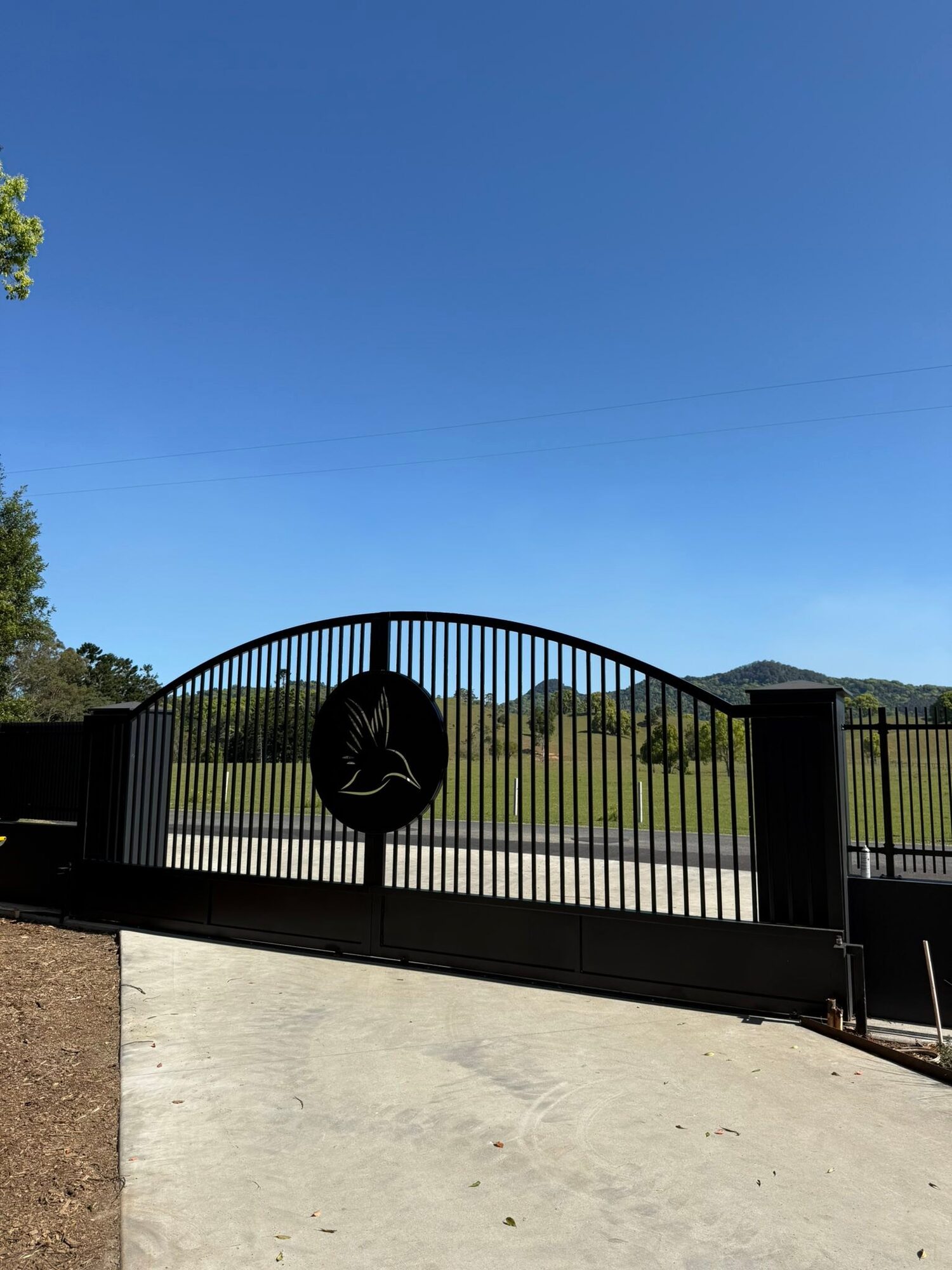 Custom steel entrance gates with centre emblem panel